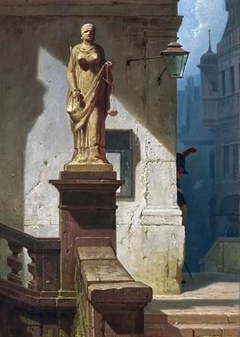 Statue of Justice in Cityscape Painting