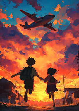 Children Running Towards Sunset with Airplane