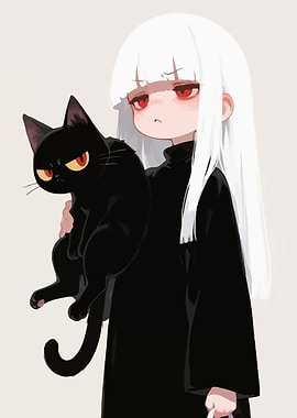 Girl with Black Cat Illustration