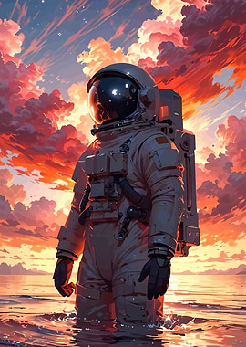 Astronaut in Water, Sunset Sky