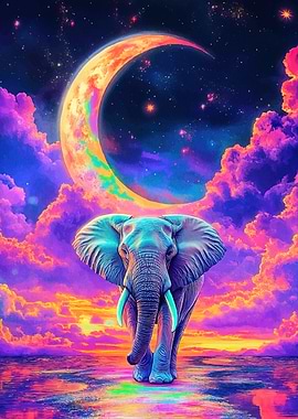 Elephant under a crescent moon