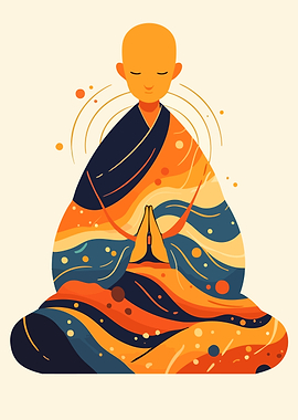 Meditating Monk with Universe Robe Minimalist Art Illustration