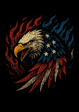American Eagle with Flag and Flames