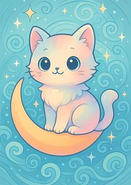 Cute Cat on Moon Digital Art