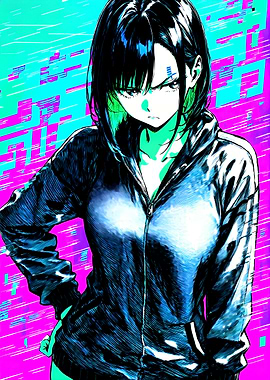 Anime Girl in Hoodie, Neon Background
