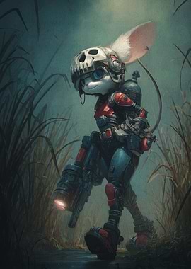 Cyberpunk Mouse Warrior in Grassy Field