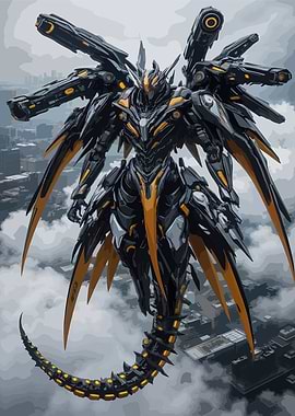 Futuristic Black and Gold Robot Dragon