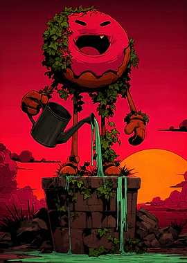 Donut Watering Can Cartoon Illustration