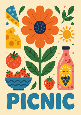Colorful Picnic Illustration with Food and Drink