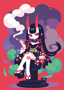 Horned Girl Smoking Pipe Illustration