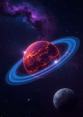 Fiery Ringed Planet in Deep Space