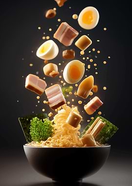 Delicious Ramen Bowl with Floating Ingredients