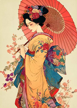 Geisha with Parasol and Floral Accents