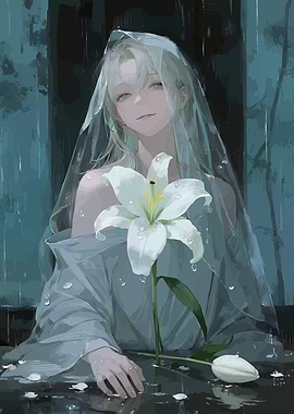 Elegant Figure Veiled by White Lily in Misty Rain
