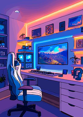 Vaporwave Gaming Room Setup Illustration
