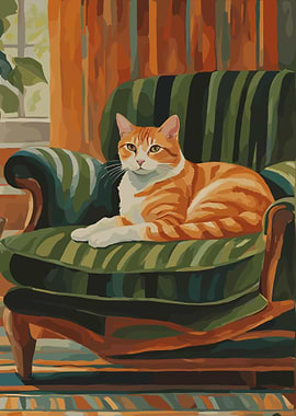 Cat Resting on Green Striped Armchair
