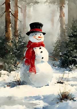 Watercolor Snowman in Winter Forest