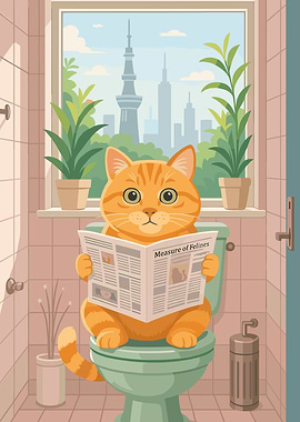 Cat reading newspaper on toilet