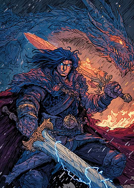 Warrior with Dragon and Swords