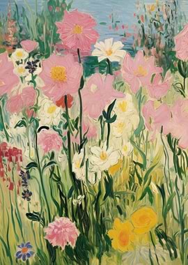 Floral Oil Painting with Pink and White Flowers