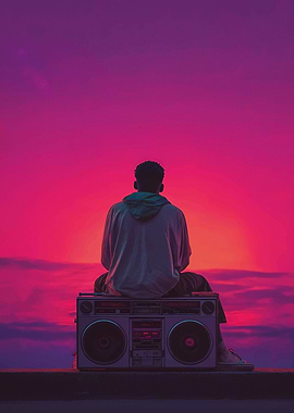 Man Sitting on Boombox at Sunset