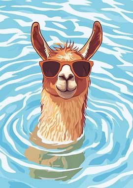 Llama in Water with Sunglasses