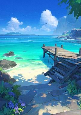 Tropical Beach with Pier Digital Art