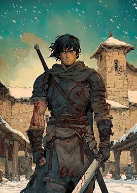 Warrior in Snowy Medieval Village