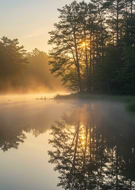 Sunrise over a misty lake