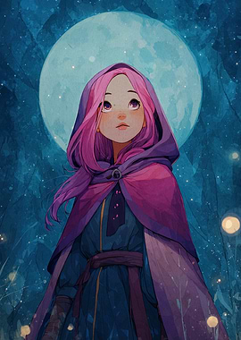 Girl with Pink Hair and Moon
