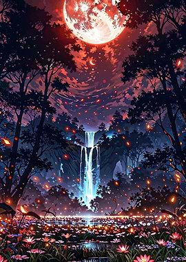 Fantasy Landscape with Waterfall and Moon