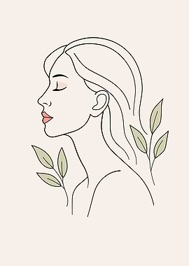 Minimalist Woman Portrait with Green Leaves