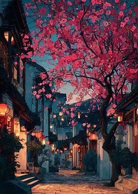 Cherry Blossoms in a Japanese Town