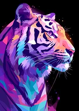 Colorful Iridescent Tiger Portrait Minimalist Art Illustration