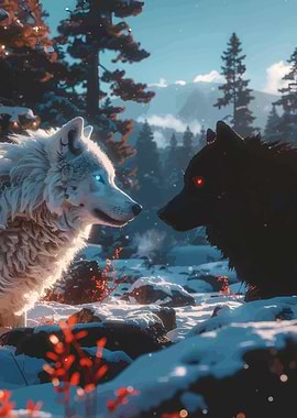 White and Black Wolves in Winter