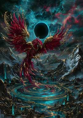 Majestic Phoenix Over Mystical Landscape