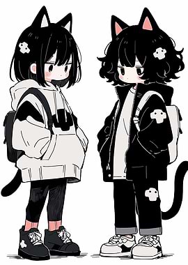 Two Cat-Eared Figures in Casual Wear