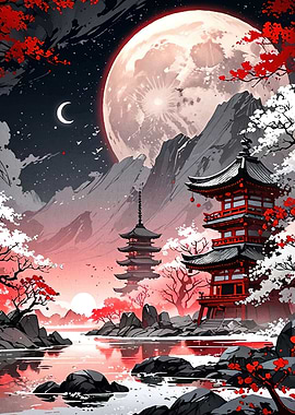 Japanese Pagodas Moon