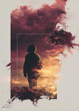 Abstract Figure in Fiery Sky