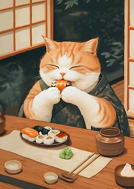 Cat Eating Sushi