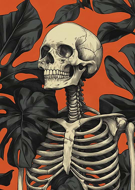 Skeleton and Monstera Leaves Illustration | Halloween Botanical Wall Art