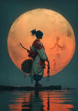 Japanese Woman with Drum and Moon