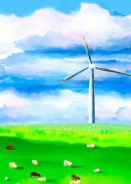 Wind Turbine and Sheep in Field