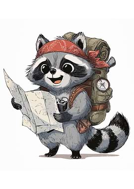 Cartoon Raccoon Explorer with Map