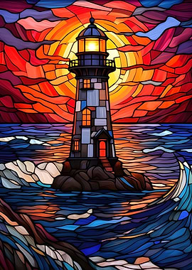 Lighthouse Stained Glass Sunset