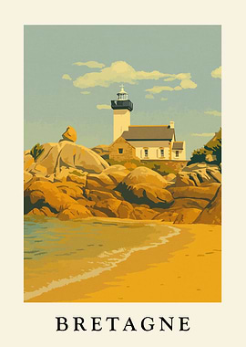 Bretagne Lighthouse Coastal Scene Art Print