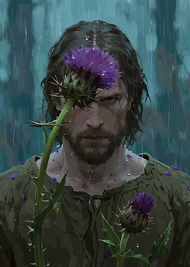 Rugged Figure with Purple Thistle in Somber Rain
