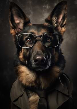 German Shepherd Dog with Glasses and Tie