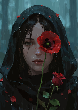Somber Hooded Figure with Red Poppy in Misty Rain
