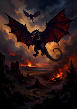Dragons over a fiery landscape